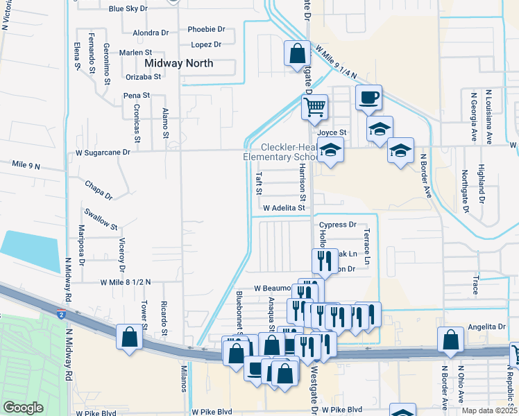 map of restaurants, bars, coffee shops, grocery stores, and more near 2001 West Adelita Street in Weslaco