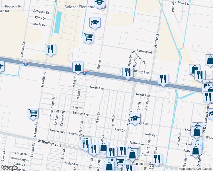 map of restaurants, bars, coffee shops, grocery stores, and more near 502 North Avenue in Donna