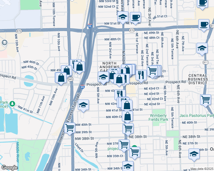 map of restaurants, bars, coffee shops, grocery stores, and more near 330 Prospect Road in Oakland Park