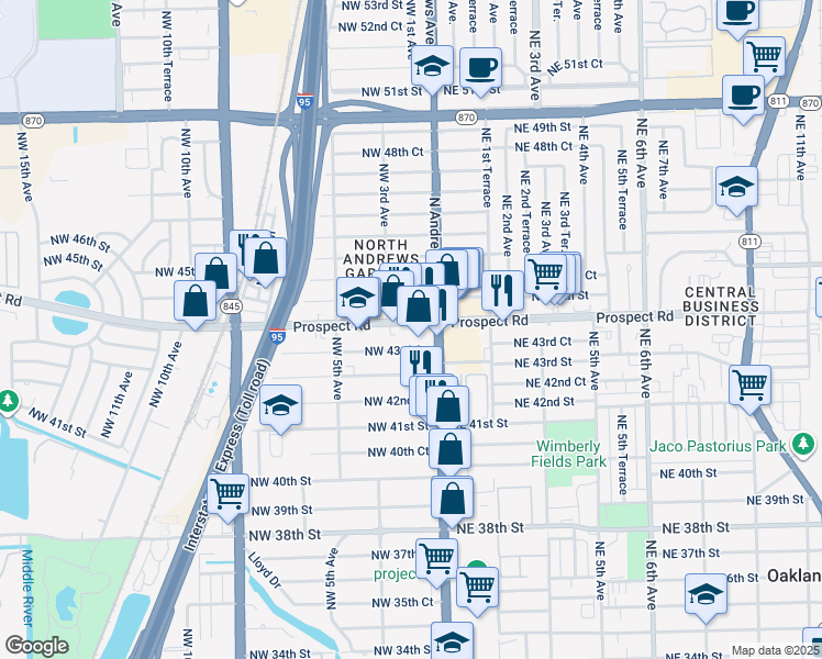 map of restaurants, bars, coffee shops, grocery stores, and more near 140 Prospect Road in Oakland Park