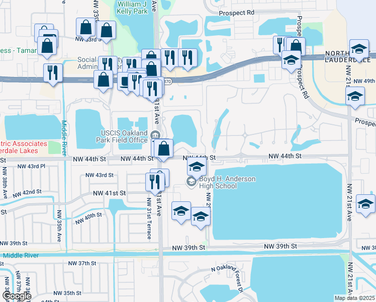 map of restaurants, bars, coffee shops, grocery stores, and more near 207 Northwest 44th Street in Oakland Park