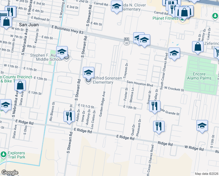 map of restaurants, bars, coffee shops, grocery stores, and more near 1108 Houston Way in San Juan