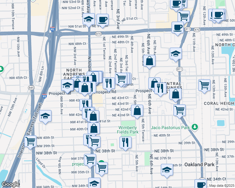 map of restaurants, bars, coffee shops, grocery stores, and more near 250 Prospect Road in Oakland Park