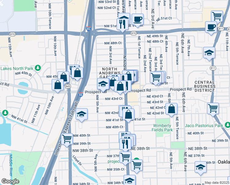 map of restaurants, bars, coffee shops, grocery stores, and more near 140 Prospect Road in Oakland Park