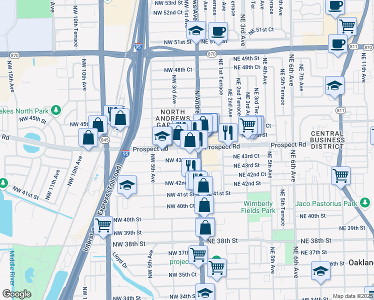 map of restaurants, bars, coffee shops, grocery stores, and more near 140 Prospect Road in Oakland Park