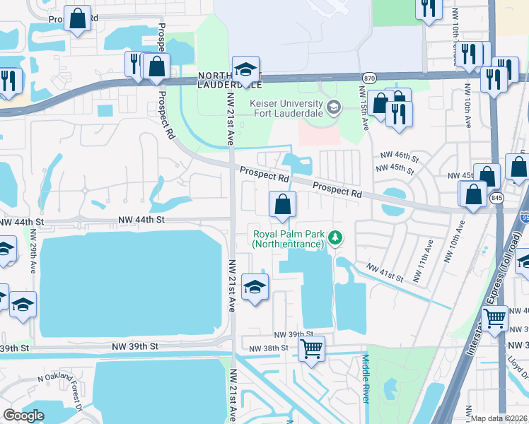 map of restaurants, bars, coffee shops, grocery stores, and more near 4401 Northwest 19th Terrace in Oakland Park
