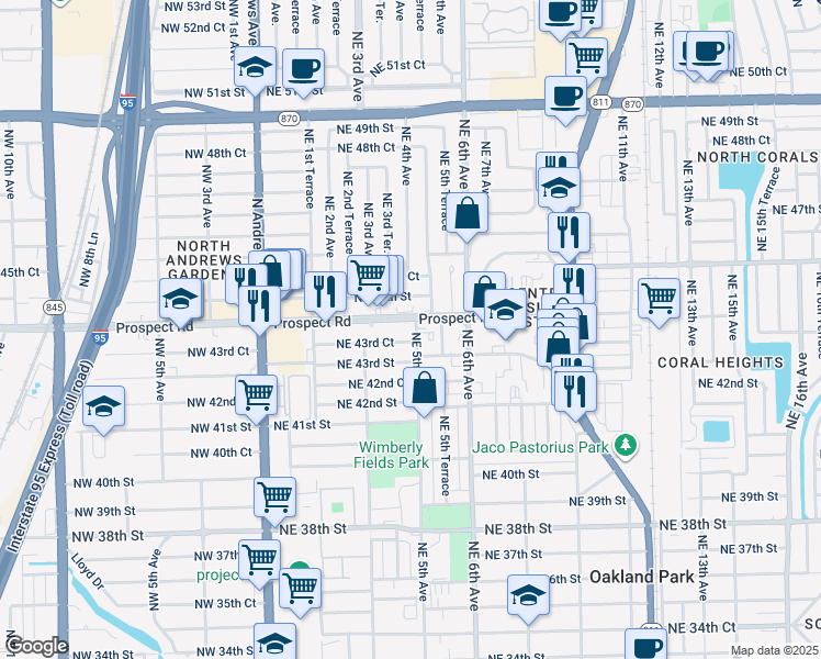 map of restaurants, bars, coffee shops, grocery stores, and more near 510 Prospect Road in Oakland Park