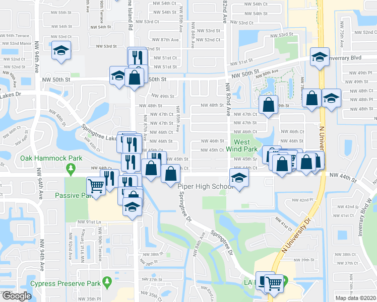map of restaurants, bars, coffee shops, grocery stores, and more near 4521 Northwest 84th Avenue in Lauderhill