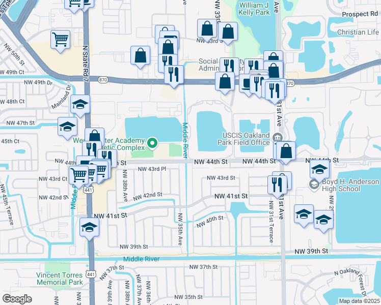 map of restaurants, bars, coffee shops, grocery stores, and more near 3413 Northwest 44th Street in Lauderdale Lakes