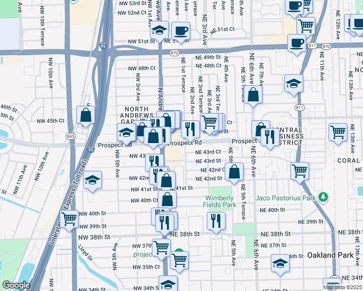 map of restaurants, bars, coffee shops, grocery stores, and more near 150 Prospect Road in Oakland Park