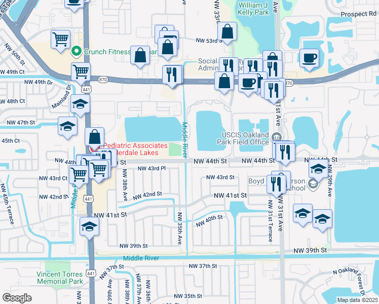 map of restaurants, bars, coffee shops, grocery stores, and more near 3413 Northwest 44th Street in Lauderdale Lakes