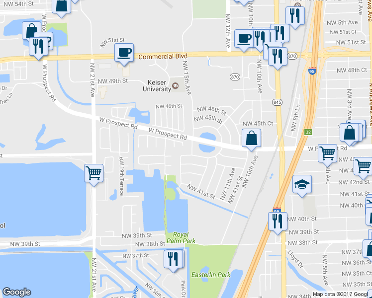 map of restaurants, bars, coffee shops, grocery stores, and more near 4470 Northwest 16th Avenue in Oakland Park