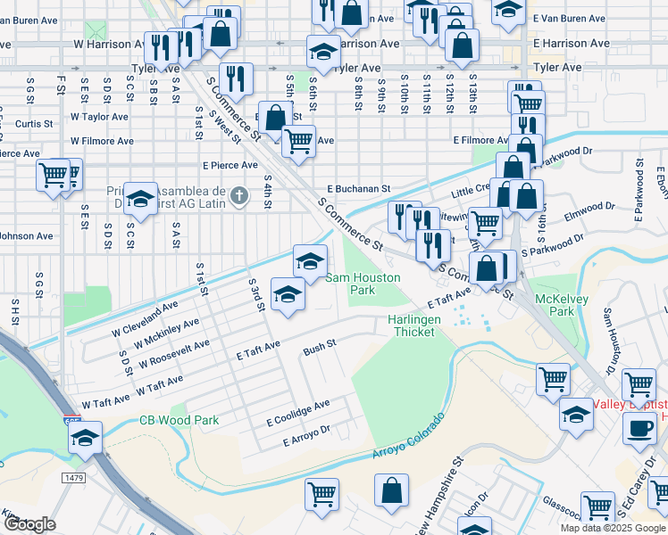 map of restaurants, bars, coffee shops, grocery stores, and more near 1402 South 6th Street in Harlingen