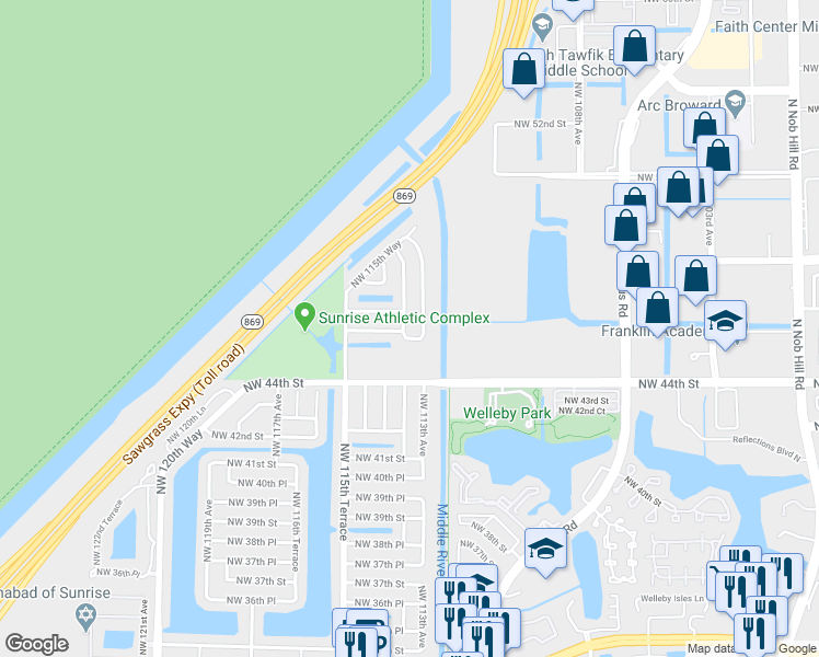 map of restaurants, bars, coffee shops, grocery stores, and more near 4520 Northwest 113th Terrace in Sunrise