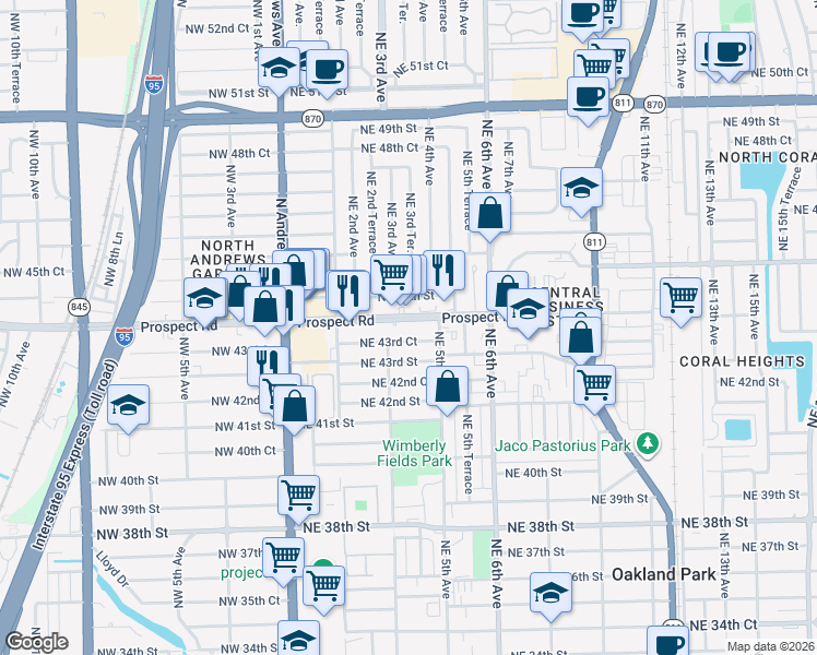 map of restaurants, bars, coffee shops, grocery stores, and more near 360 Northeast 44th Street in Oakland Park