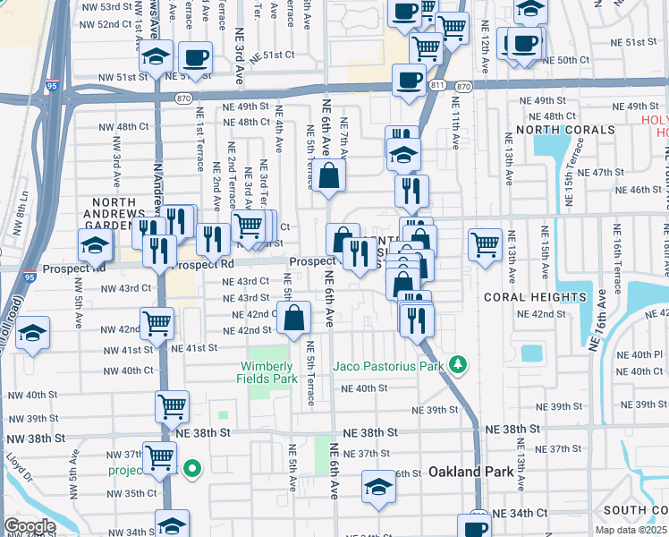 map of restaurants, bars, coffee shops, grocery stores, and more near 4321 Northeast 6th Avenue in Oakland Park