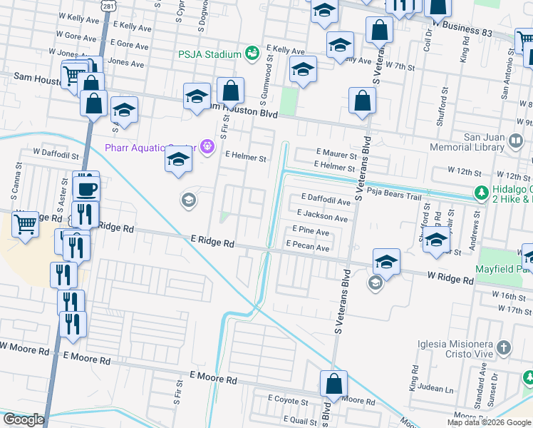 map of restaurants, bars, coffee shops, grocery stores, and more near 1215 S Huisache St in Pharr