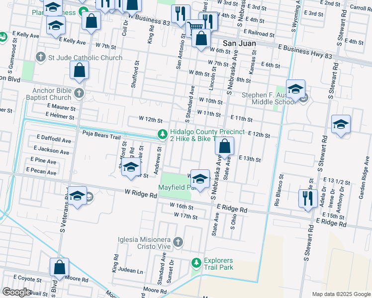 map of restaurants, bars, coffee shops, grocery stores, and more near 1301 South Standard Street in San Juan
