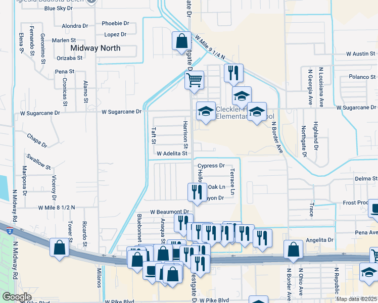 map of restaurants, bars, coffee shops, grocery stores, and more near 2110 North Westgate Drive in Weslaco