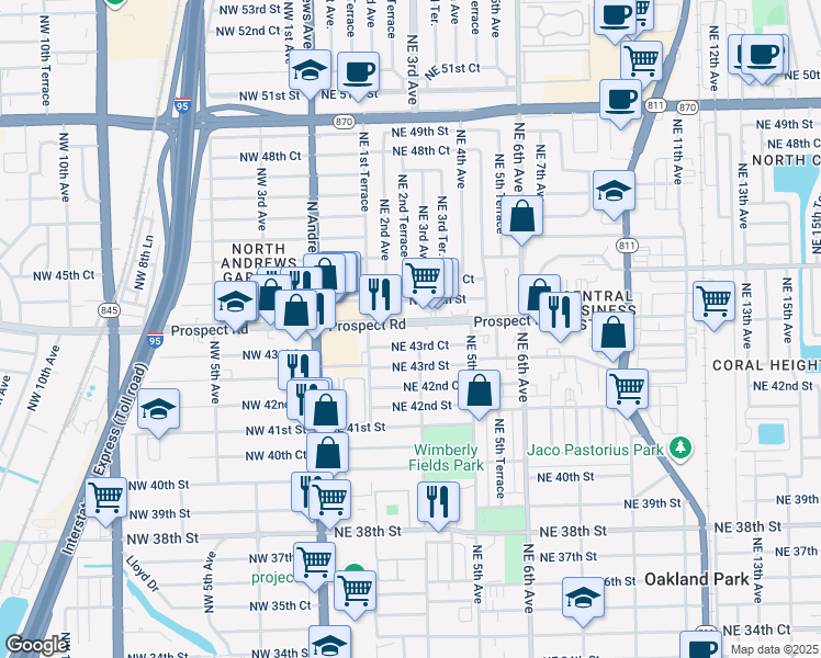 map of restaurants, bars, coffee shops, grocery stores, and more near 250 Prospect Road in Oakland Park