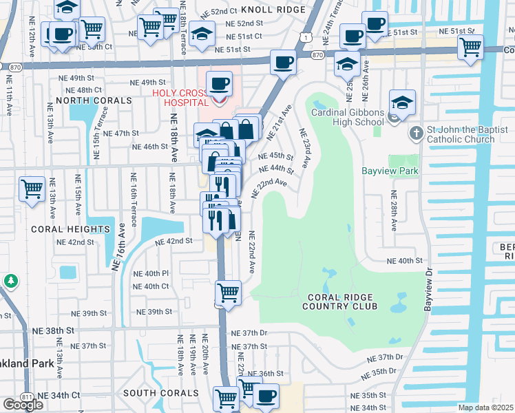 map of restaurants, bars, coffee shops, grocery stores, and more near 4300 Northeast 22nd Avenue in Fort Lauderdale