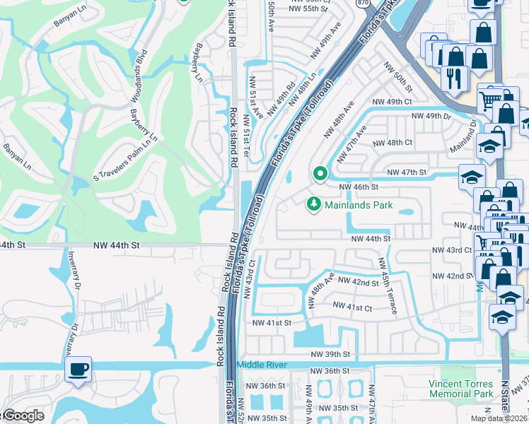 map of restaurants, bars, coffee shops, grocery stores, and more near 4437 Northwest 48th Terrace in Tamarac