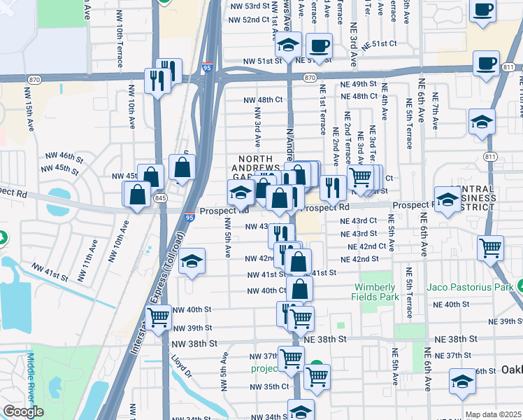 map of restaurants, bars, coffee shops, grocery stores, and more near 330 Prospect Road in Oakland Park