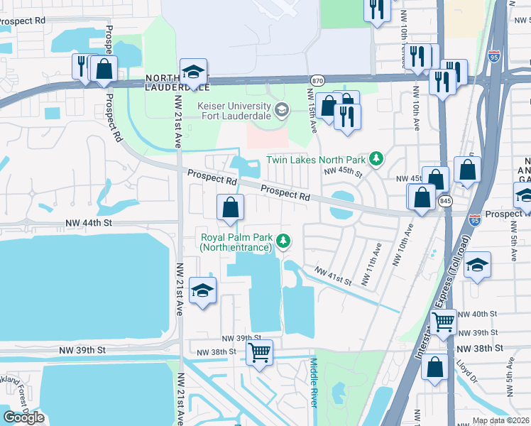 map of restaurants, bars, coffee shops, grocery stores, and more near 4455 Northwest 17th Terrace in Oakland Park