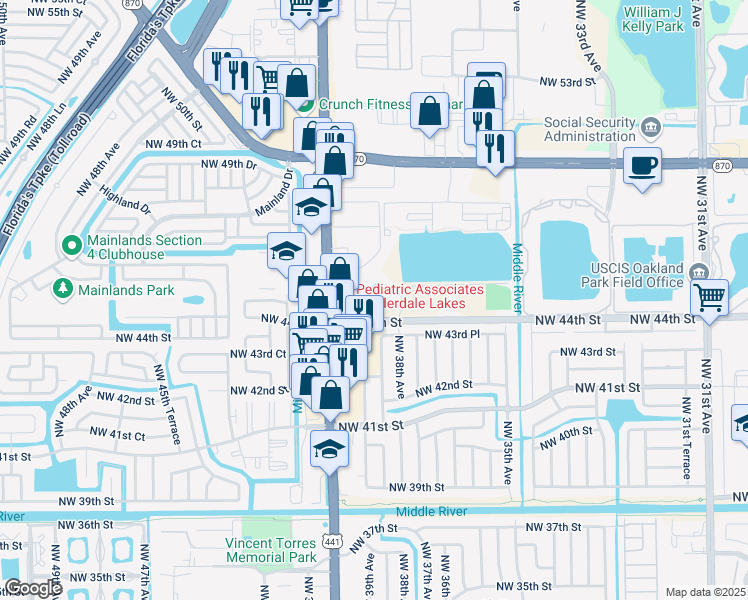 map of restaurants, bars, coffee shops, grocery stores, and more near 4410 North State Road 7 in Lauderdale Lakes
