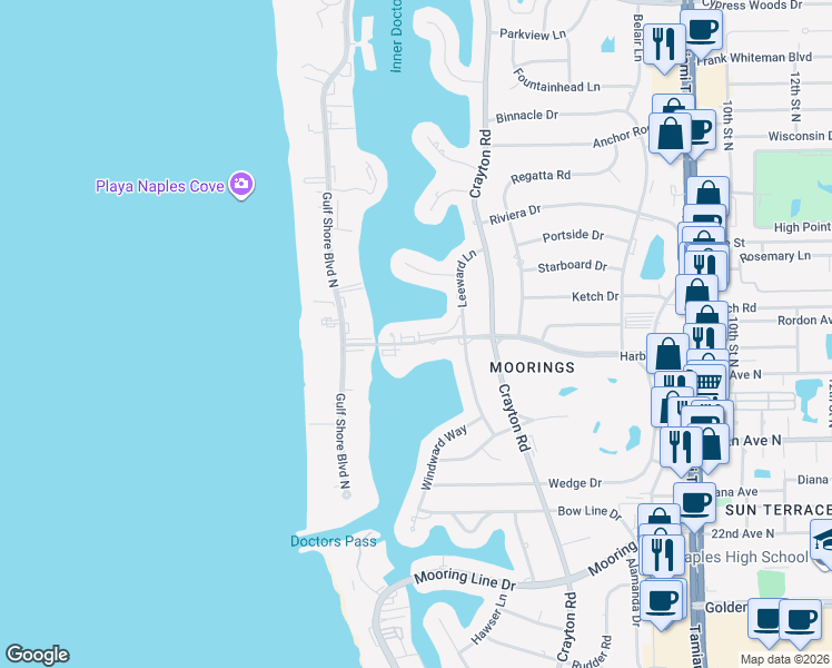 map of restaurants, bars, coffee shops, grocery stores, and more near 299 Harbour Drive in Naples
