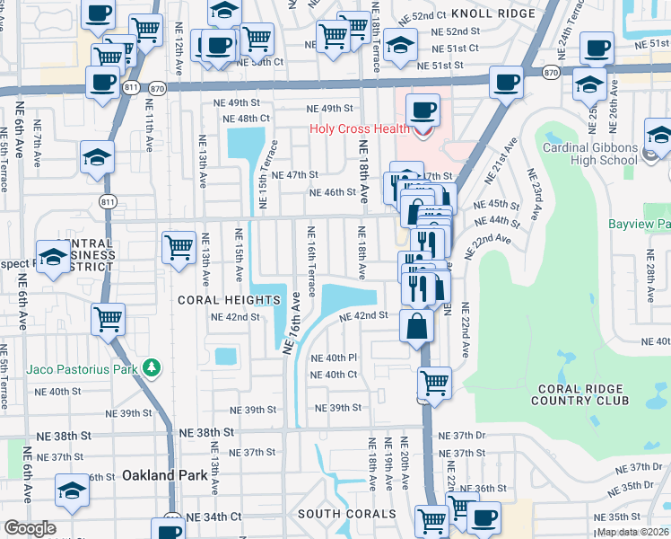 map of restaurants, bars, coffee shops, grocery stores, and more near 1701 Northeast 43rd Street in Oakland Park
