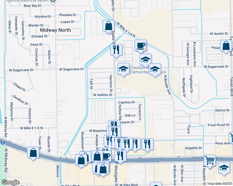 map of restaurants, bars, coffee shops, grocery stores, and more near 2110 North Westgate Drive in Weslaco