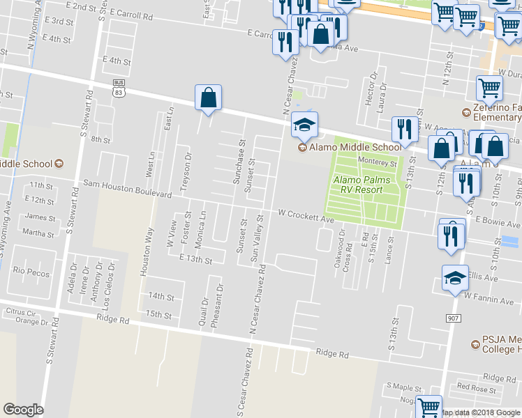 map of restaurants, bars, coffee shops, grocery stores, and more near Sun Valley Street in San Juan