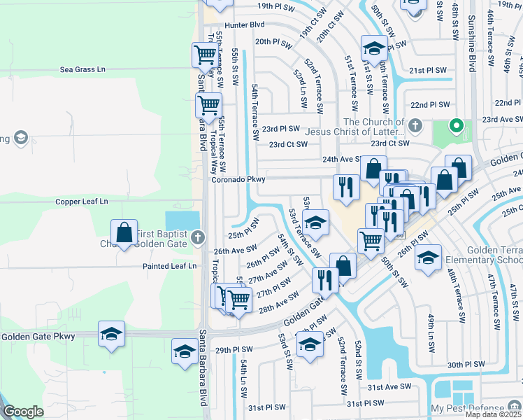 map of restaurants, bars, coffee shops, grocery stores, and more near 5409 25th Place Southwest in Naples
