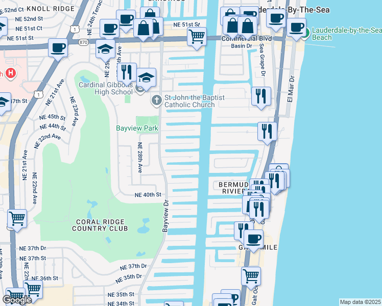 map of restaurants, bars, coffee shops, grocery stores, and more near 3081 Northeast 42nd Street in Fort Lauderdale