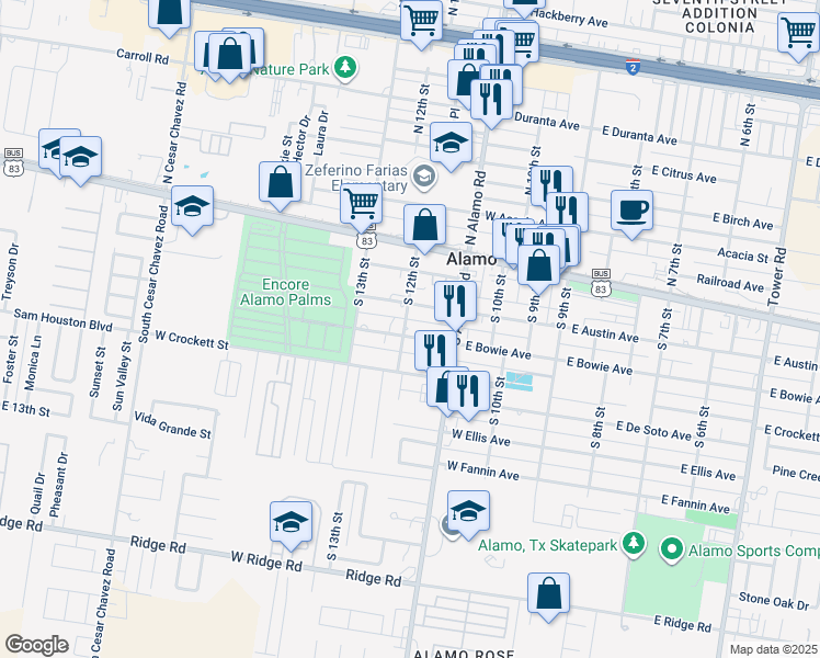 map of restaurants, bars, coffee shops, grocery stores, and more near 318 South 12th Street in Alamo