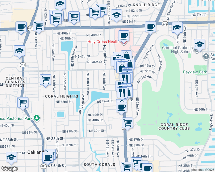 map of restaurants, bars, coffee shops, grocery stores, and more near 4300 Northeast 18th Avenue in Oakland Park