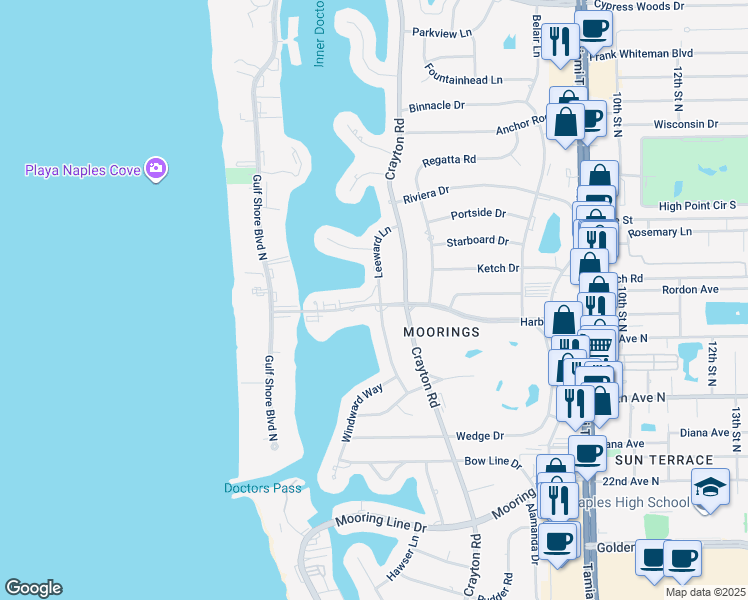 map of restaurants, bars, coffee shops, grocery stores, and more near 420 Harbour Drive in Naples