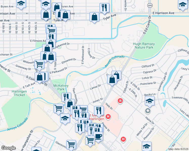 map of restaurants, bars, coffee shops, grocery stores, and more near 2301 Riverside Drive in Harlingen