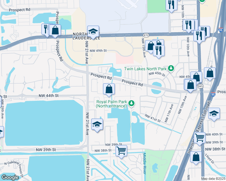 map of restaurants, bars, coffee shops, grocery stores, and more near 4445 Northwest 18th Terrace in Oakland Park