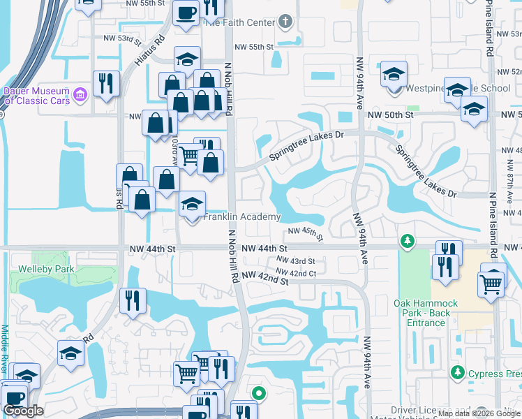 map of restaurants, bars, coffee shops, grocery stores, and more near 4492 Northwest 99th Way in Sunrise