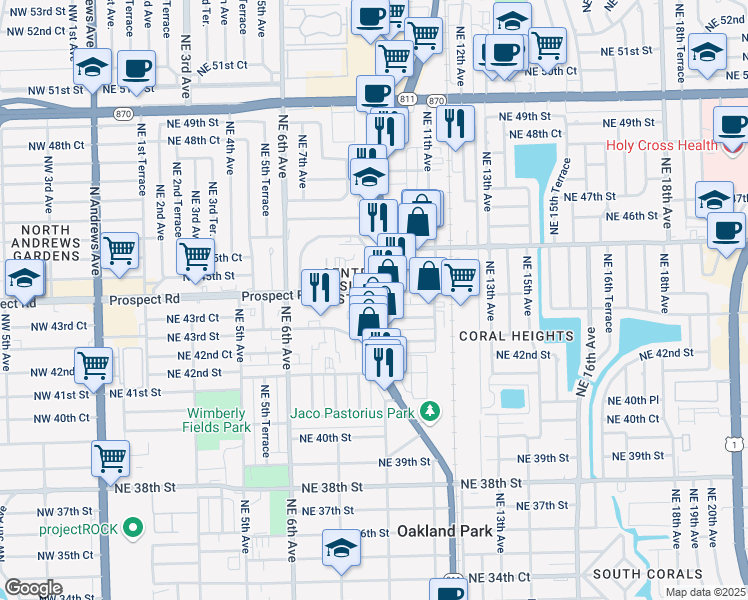 map of restaurants, bars, coffee shops, grocery stores, and more near 4376 North Dixie Highway in Oakland Park
