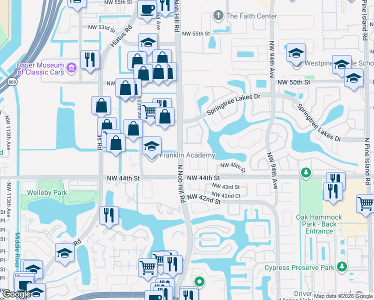 map of restaurants, bars, coffee shops, grocery stores, and more near 4492 Northwest 99th Way in Sunrise