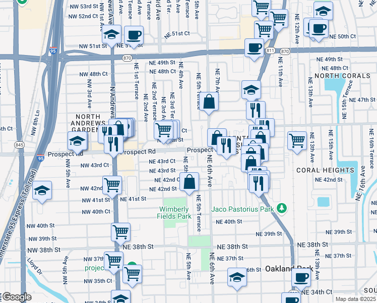 map of restaurants, bars, coffee shops, grocery stores, and more near 510 Prospect Road in Oakland Park