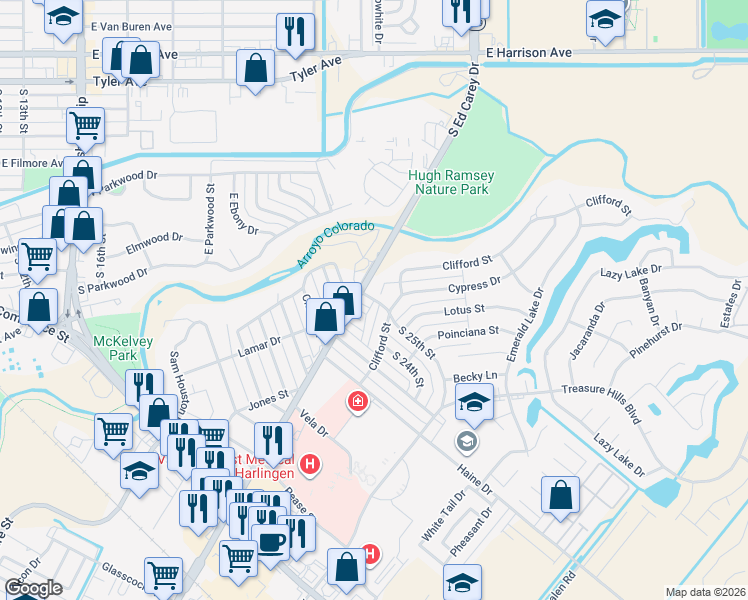 map of restaurants, bars, coffee shops, grocery stores, and more near 2084 South 25th Street in Harlingen