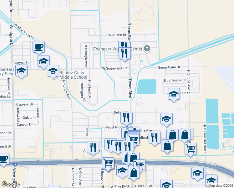 map of restaurants, bars, coffee shops, grocery stores, and more near 115 Adelita Street in Weslaco