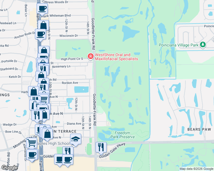 map of restaurants, bars, coffee shops, grocery stores, and more near Clubhouse Dr in Naples