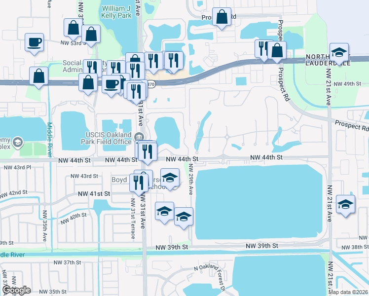 map of restaurants, bars, coffee shops, grocery stores, and more near 209 Lake Pointe Drive in Oakland Park