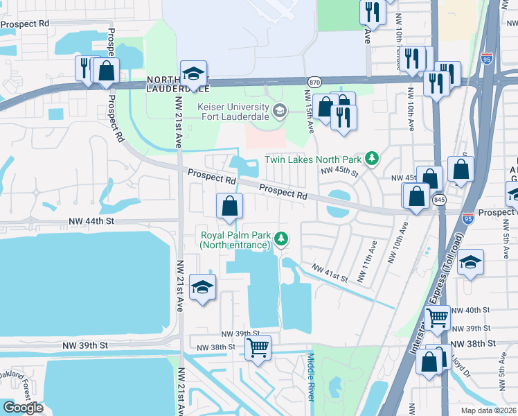 map of restaurants, bars, coffee shops, grocery stores, and more near 4455 Northwest 17th Terrace in Oakland Park
