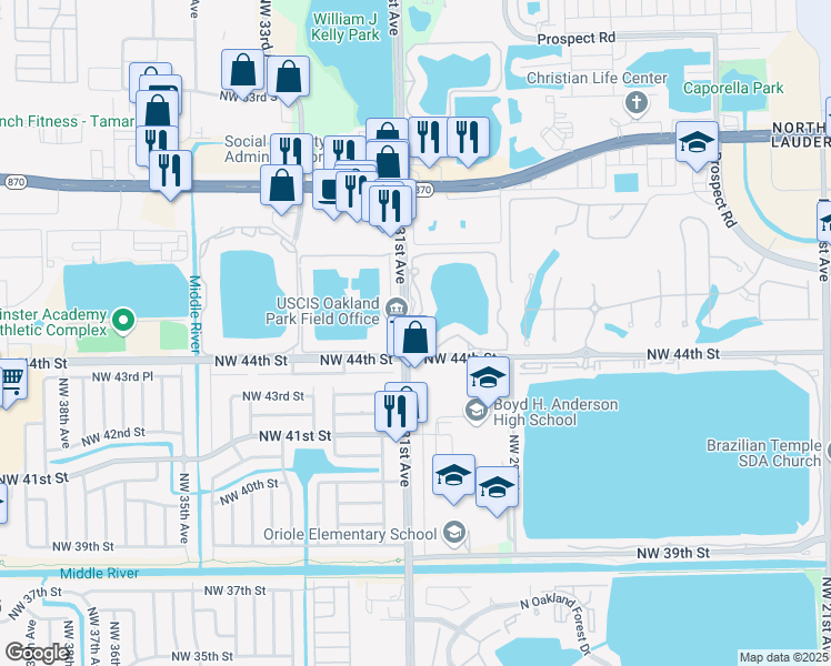 map of restaurants, bars, coffee shops, grocery stores, and more near in Oakland Park